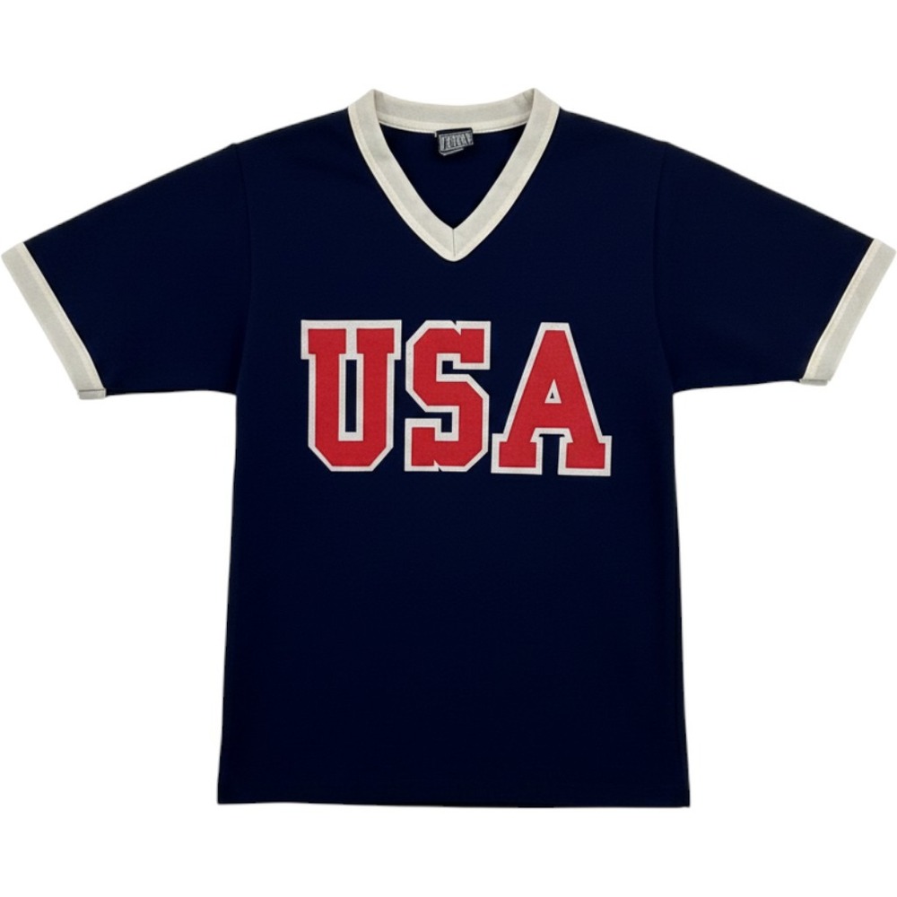 Vintage 80's Victory Knits USA V-Neck Jersey Mens M Nylon Navy Blue Ringer Retro